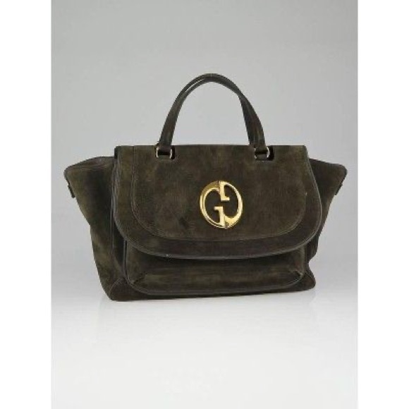 GUCCI Suede Medium 1973 Top Handle Satchel in Olive Brown - Picture 1 of 16